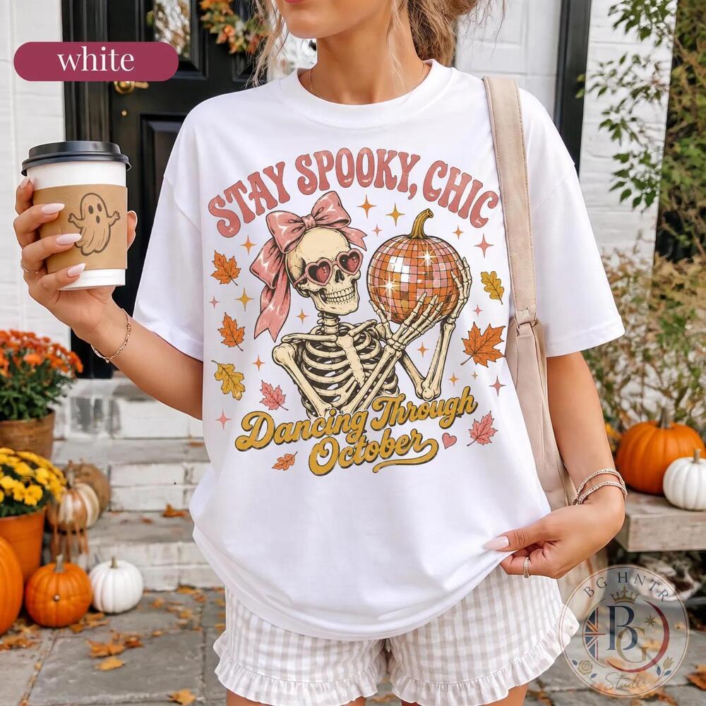 Halloween Stay Spooky Chic Shirt Skeleton Disco Ball Pumpkin Tee